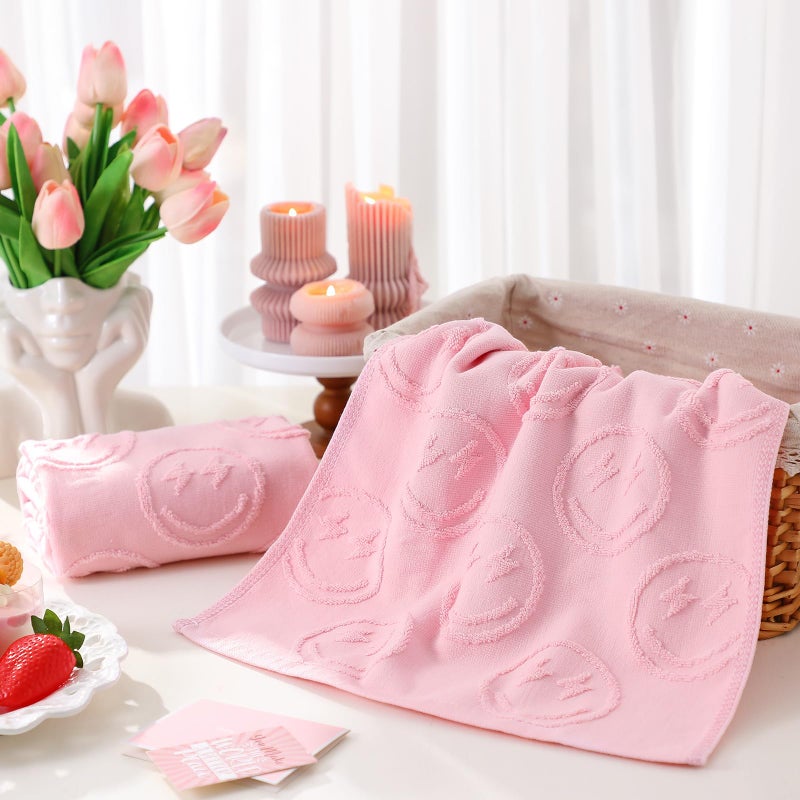 FuWeave 2 Pcs Smiling Face Hand Towels for Bathroom Pink Preppy Hand Towels 100% Cotton Absorbent Decorative Jacquard Weave Bath Decor Cute Bathroom Decor Gift  13. 7 x 29. 5 Inch - Image 3